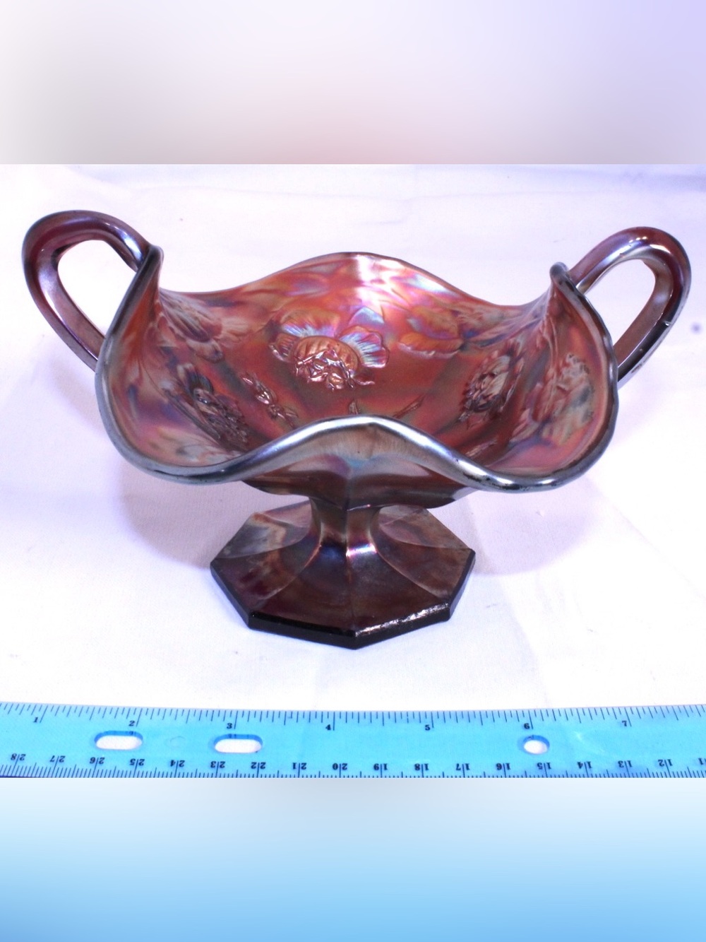 Vintage Fenton Glass Art Amethyst Wreath of Roses Carnival Glass Footed Bowl
